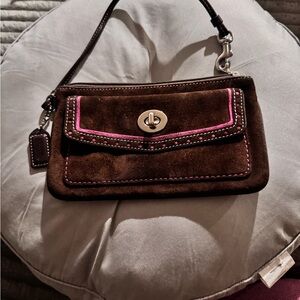 Coach Brown Suede Clutch with Pink Trim